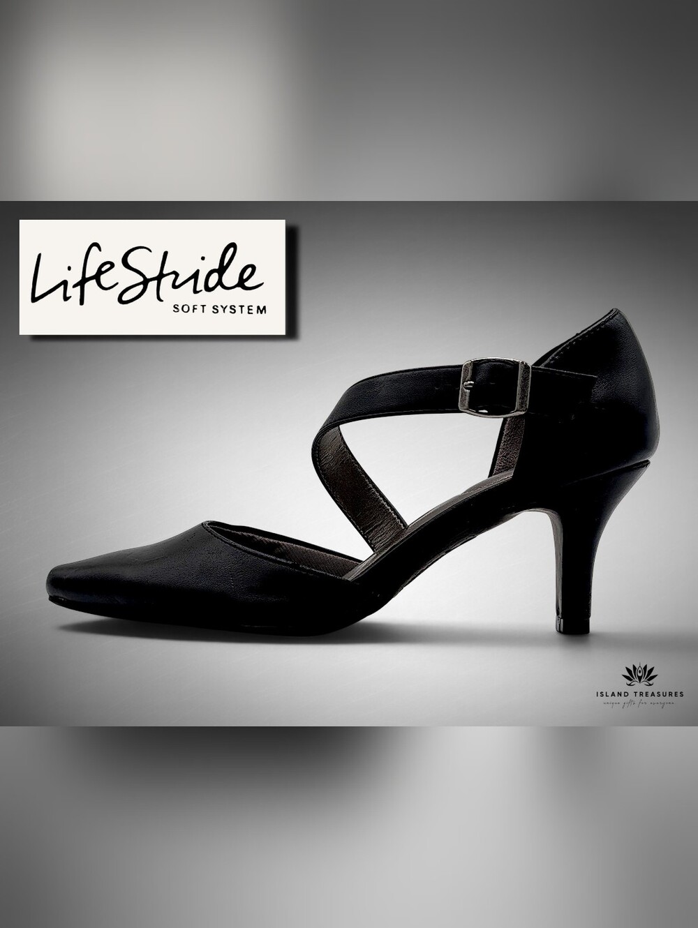 LifeStride Kamala Sz 7.5 M Black Cross-Strap Pointed Toe Cushioned Pump
